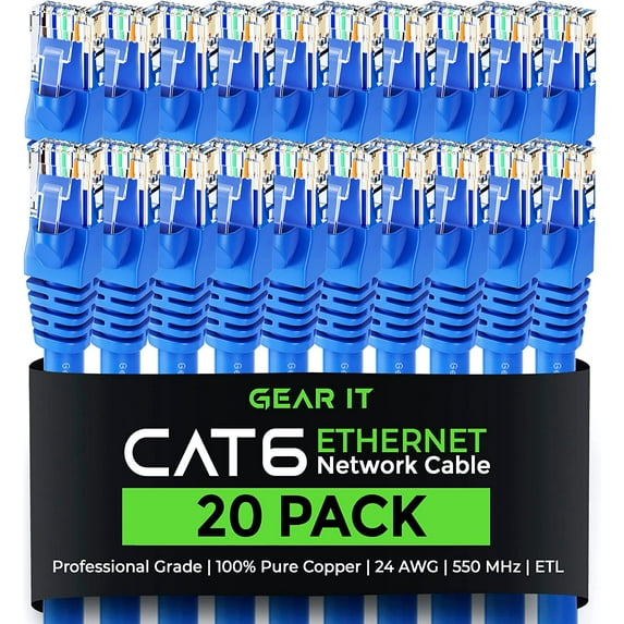 GearIT Pre-Terminated Cat 6 Ethernet Cables for Home & Office Network, Blue 3-ft 20 Pack