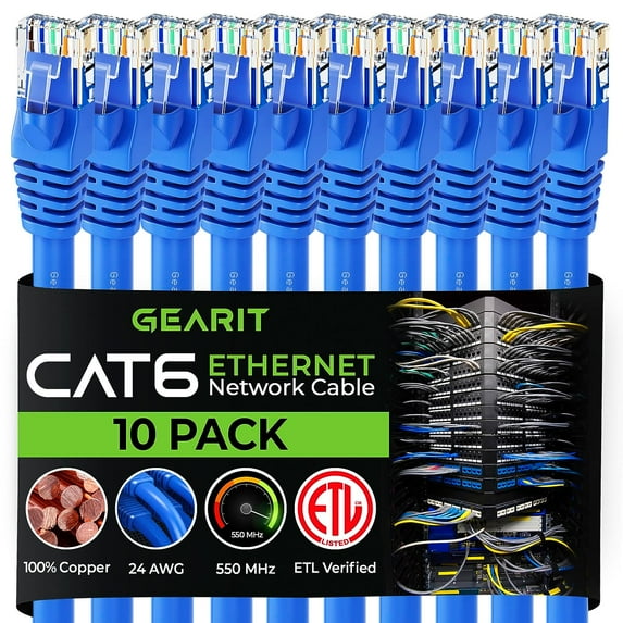 GearIT Pre-Terminated Cat 6 Ethernet Cables for Home & Office Network, Blue 4-ft 10 Pack