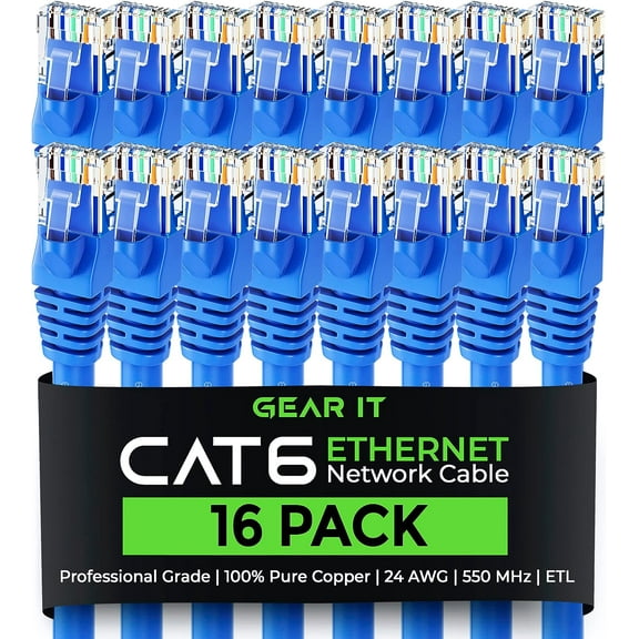GearIT Pre-Terminated Cat 6 Ethernet Cables for Home & Office Network, Blue 7-ft 16 Pack