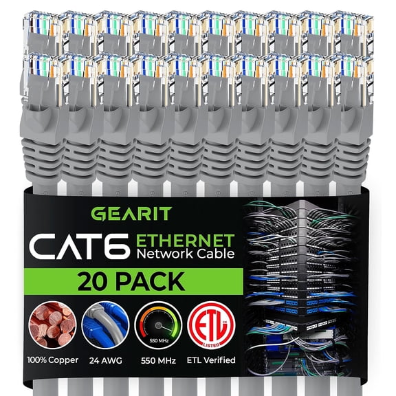 GearIT Pre-Terminated Cat 6 Ethernet Cables for Home & Office Network, Gray 5-ft 20 Pack
