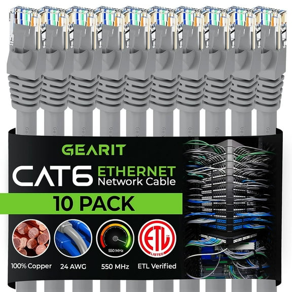 GearIT Pre-Terminated Cat 6 Ethernet Cables for Home & Office Network, Gray 7-ft 10 Pack