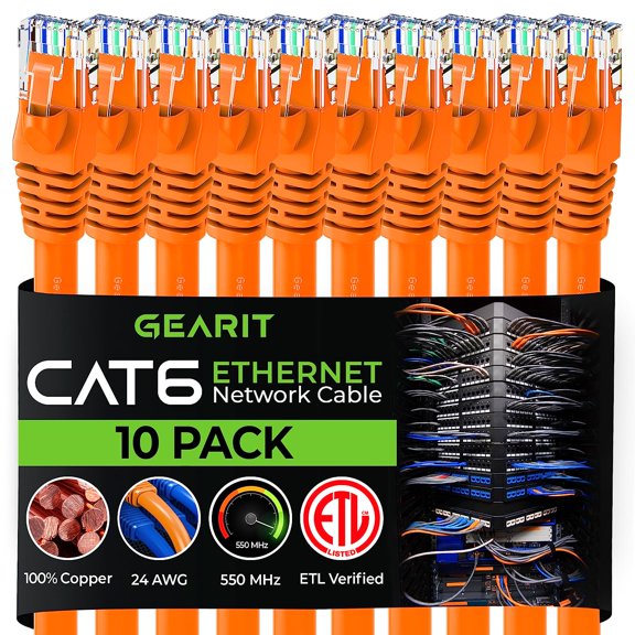 GearIT Pre-Terminated Cat 6 Ethernet Cables for Home & Office Network, Orange 3-ft 10 Pack