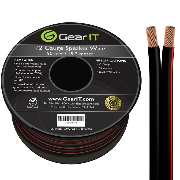 GearIT Pro Series 12 Gauge Speaker Wire Copper Clad Aluminum CCA Audio  Cable, Black 50 ft 