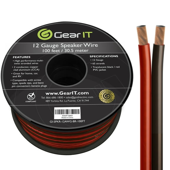 GearIT Pro Series 12AWG Speaker Wire, 12 Gauge Speaker Wire Cable (100 Feet / 30 Meters) Great Use for Home Theater Speakers and Car Speakers, Transparent Black/Red