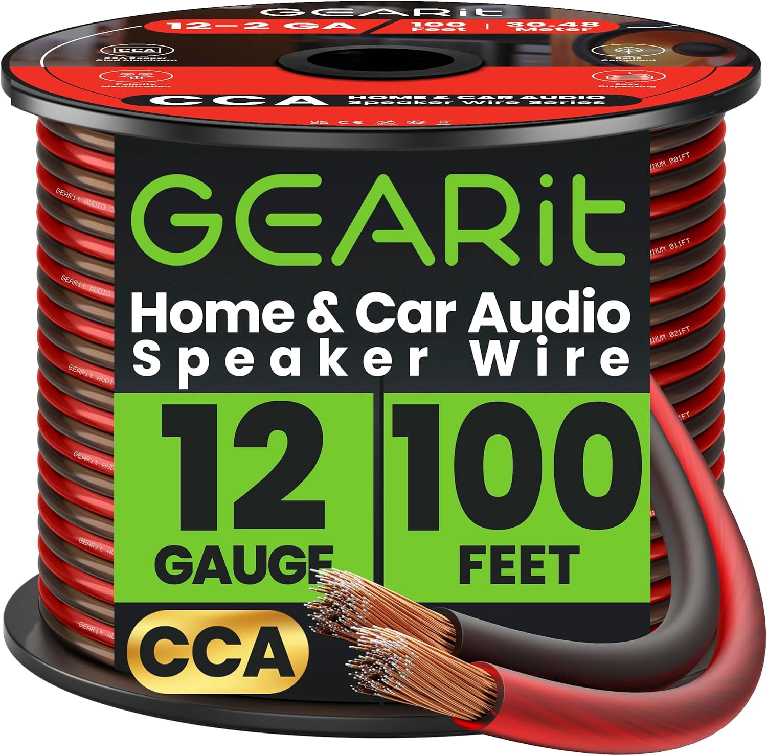 GearIT Pro Series 12AWG Speaker Wire, 12 Gauge Speaker Wire Cable (100 Feet / 30 Meters) Great Use for Home Theater Speakers and Car Speakers, Transparent Black/Red