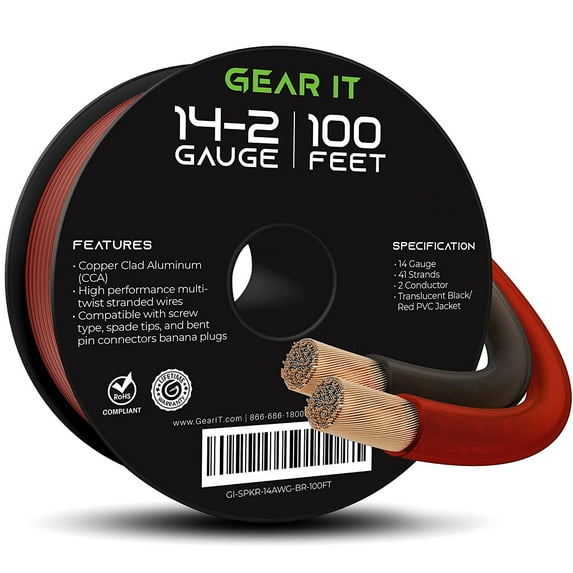 GEARit Pro Series 14 Gauge Wire, Copper Clad Aluminum Home Theater and Car Speaker Cable, Black/Red, 100 ft