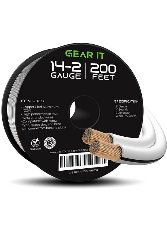GearIT Pro Series 14 Gauge Speaker Wire Copper Clad Aluminum CCA Audio Cable, White 200 ft