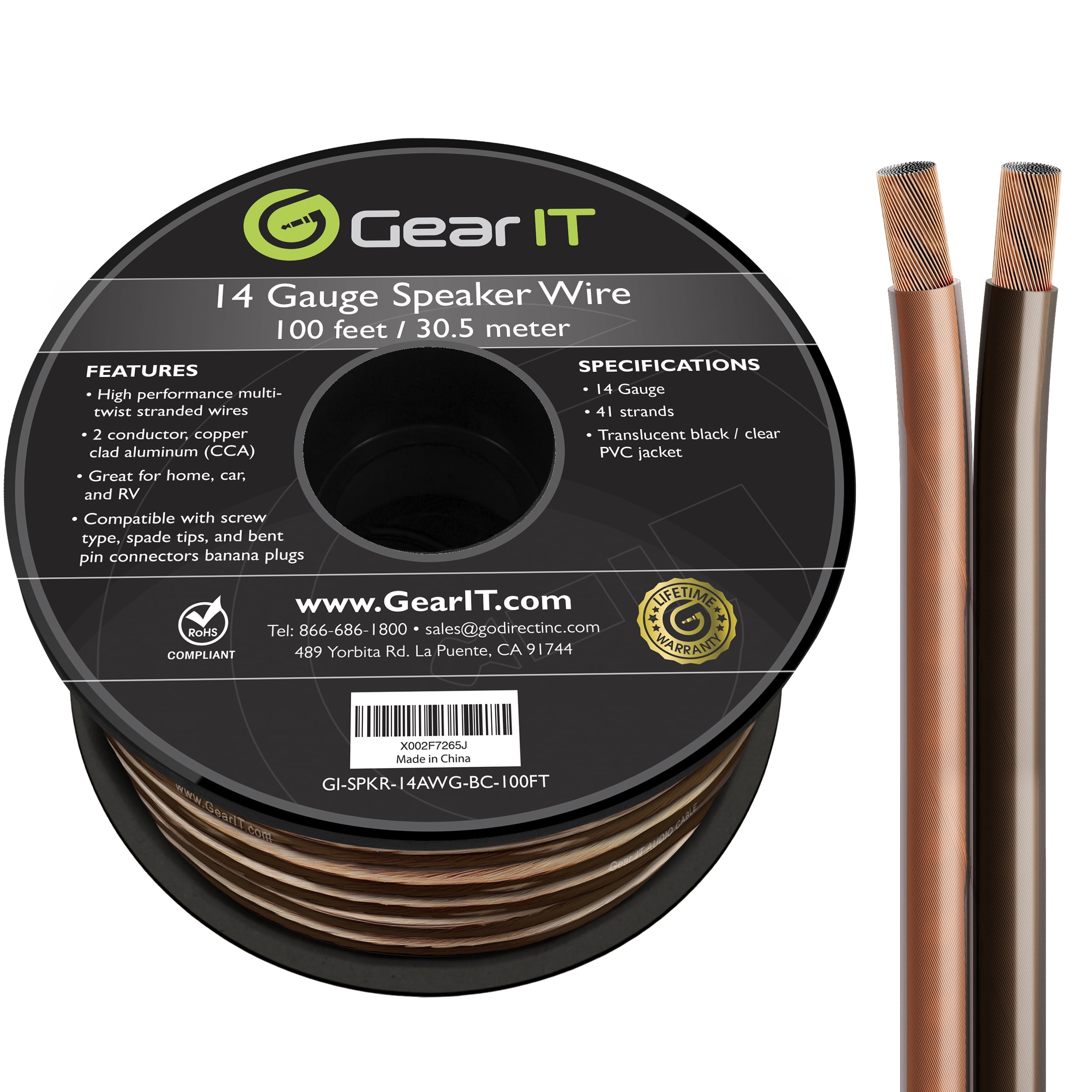 GearIT Pro Series 14 gauge wire for Home Theater and Car Speakers, Transparent Cable, Black/Clear, 100ft