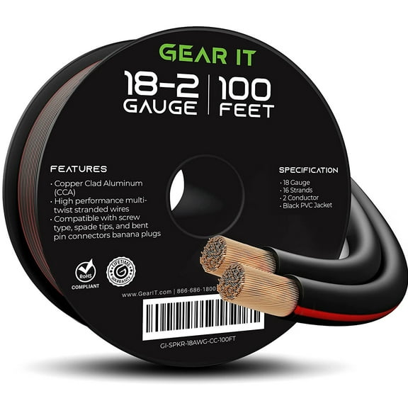 GEARit Pro Series Copper Clad Aluminum 18 Gauge Speaker Wire, for Home Theater & Car Audio, Black 100 Ft