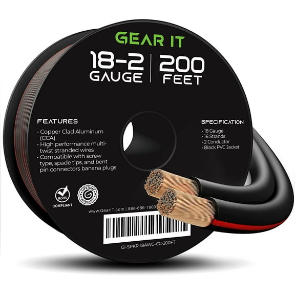 GEARit Pro Series 18 Gauge Speaker Wire, Copper Clad Aluminum Home Theater and Car Speaker Cable, Black, 200 ft