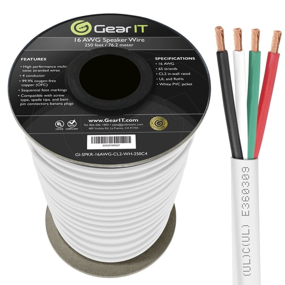GearIT Pro Series 4-Conductor Speaker Wire OFC (99.9% Oxygen Free Copper) Speaker Wire CL2 Rated for In-Wall Speaker Cable