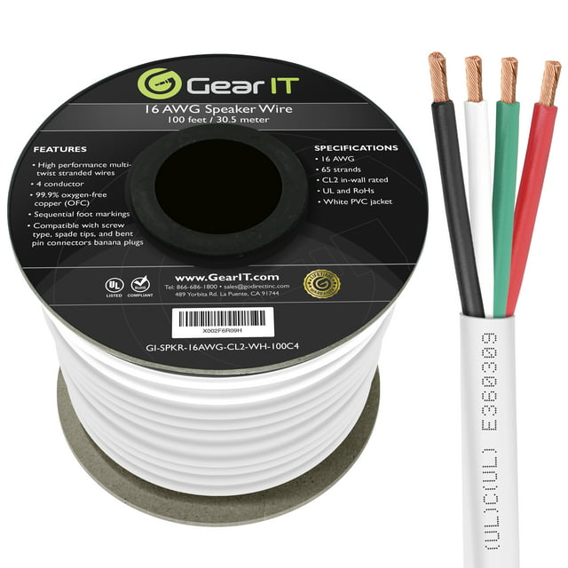 GearIT Pro Series 4-Conductor Speaker Wire OFC (99.9% Oxygen Free Copper) Speaker Wire CL2 Rated for In-Wall Speaker Cable