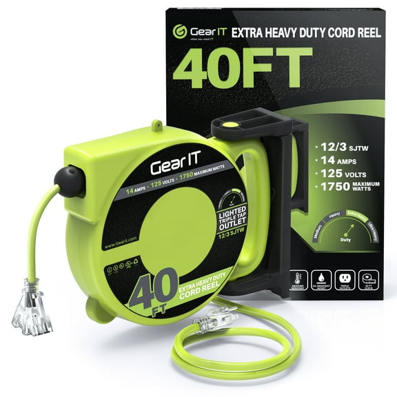 GearIT Retractable Extension Cord Reel (40ft) 12/3 AWG Gauge SJTW,3 Outlets, LED Power Indicator, 14-Amps Circuit Breaker, 180 Degrees, UL Listed for Garage Ceiling Mount Workshop, Power Tool 40 feet