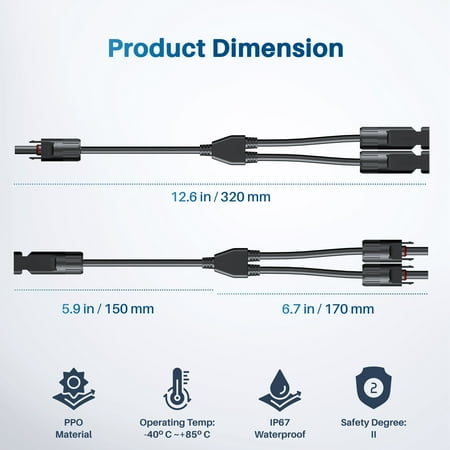 GearIT Solar Panel Connectors with Male to Female Connectors for Solar Panel Y Multi Branch Adapter, Renewable Energy Panel Connector, Y Branch, Tinned Copper, Black