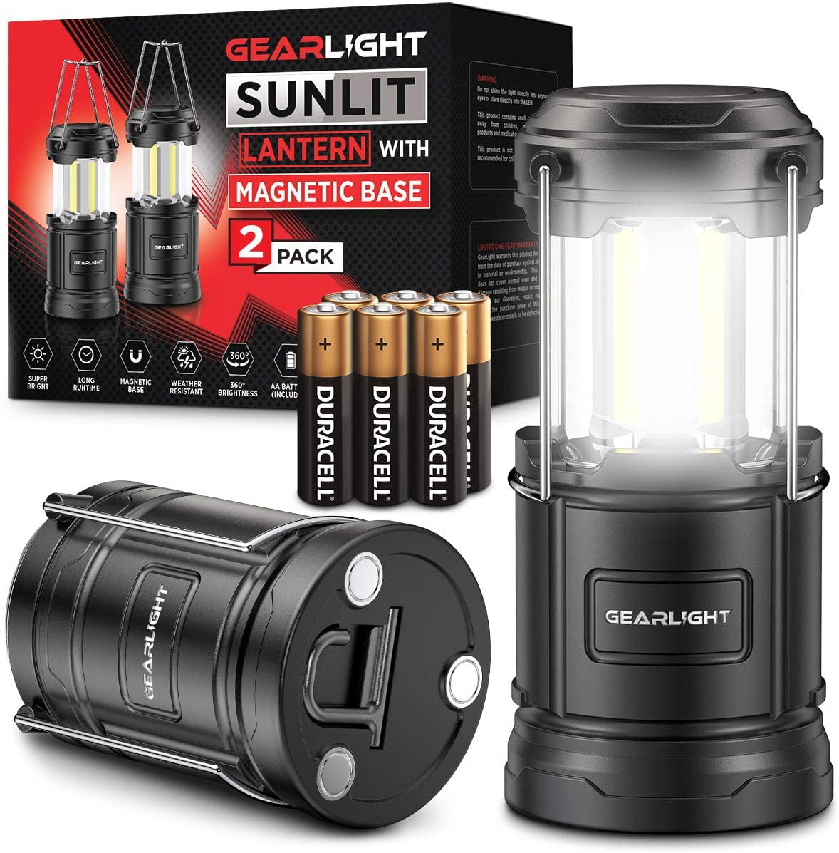 GearLight Black LED Camping Lantern with Magnetic Base and Hook, 2-Pack