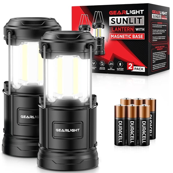 GearLight Camping Lantern - 2 Portable LED Battery Powered Lantern with Magnetic Base and Foldable Hook for Emergency Use or Campsites, Essential Hurricane Survival Kit with Batteries - Black