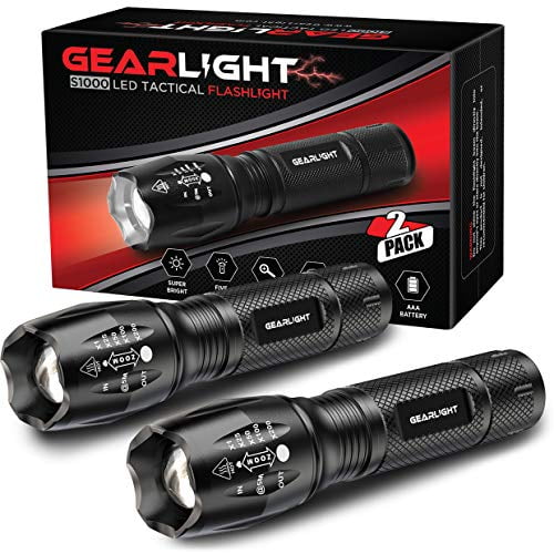 GearLight LED Flashlight Pack -2 Bright, Zoomable Tactical Flashlights with High Lumens and 5 Modes for Emergency and Outdoor Use -Camping Accessories -S1000