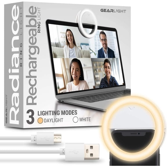 Radiance Selfie Ring Light for Laptop, iPhone, Zoom, Video Conference Lighting - Rechargeable Small Mini Circle Clip on LED Ringlight for Phone, Webcam, Computer, Conferencing, Recording