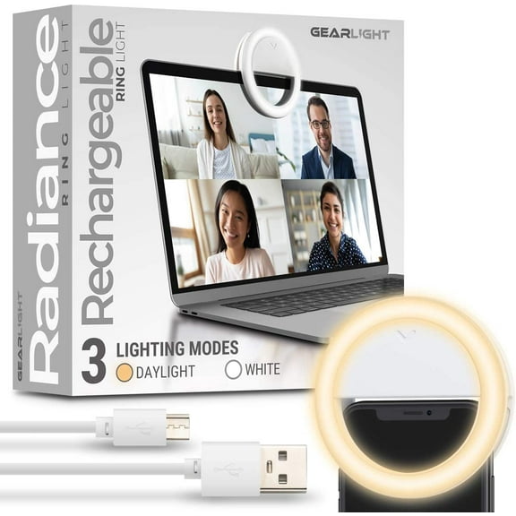 Radiance Selfie Ring Light for Laptop, iPhone, Zoom, Video Conference Lighting - Rechargeable Small Mini Circle Clip on LED Ringlight for Phone, Webcam, Computer, Conferencing, Recording