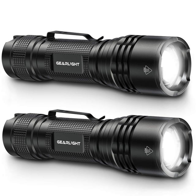GearLight TAC LED Tactical Flashlight [2 PACK] - Single Mode, High Lumen, Zoomable, Water Resistant, Flash Light - Camping, Outdoor, Emergency, Everyday Flashlights with Clip