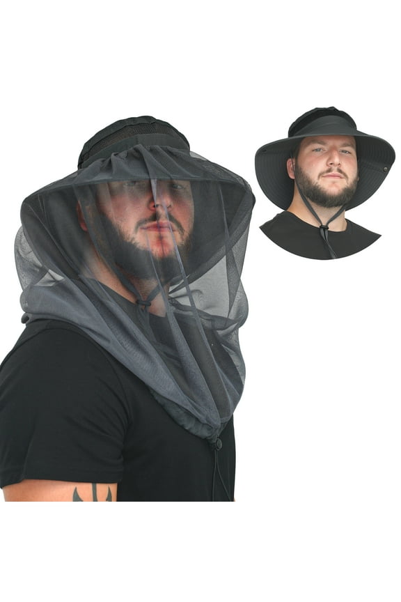 Net Hat UV Protection Sun Hat Head Net Hat Fishing Hat for Men & Women Wide Brim Hat w/ Removable Net Black