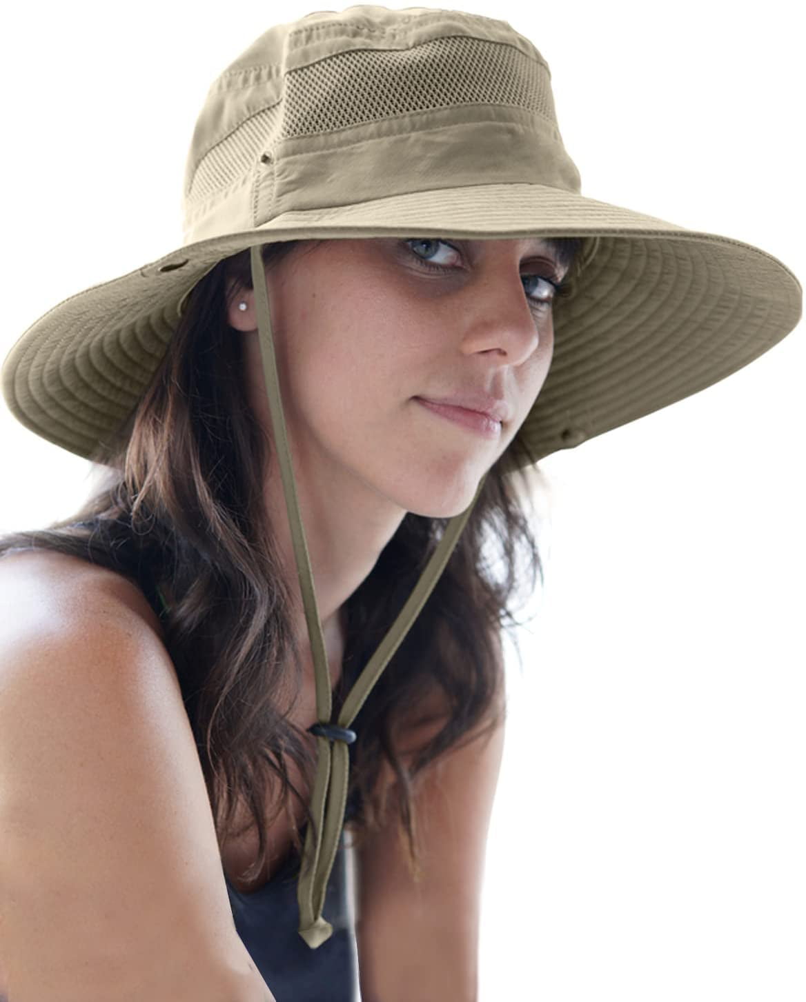 Toppers Womens Mens Sun Hat Rollable UPF 50+ Wide Brim Gardening Hat with  Neck Flap Ponytail Bow_khaki