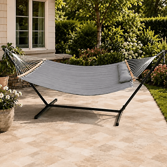 GearXpert Charcoal Gray Double Hammock with 12 ft. Heavy-Duty Adjustable Steel Stand, 55 x 78.7 in. Outdoor Freestanding Hammock, 450 lb Capacity, Polyester Patio Backyard Camping Hammock for 2