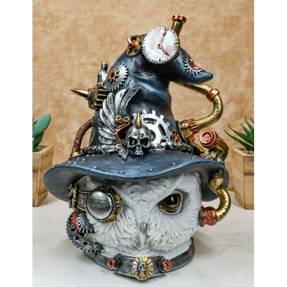 Geared Clockwork Pipes Valves Steampunk Owl With Winged Skull Witch Hat Figurine
