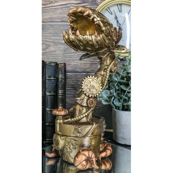 Geared Clockwork Vintage Steampunk Cyborg Venus Flytrap Plant In Pot Figurine