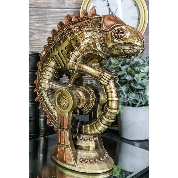 Geared Clockwork Vintage Steampunk Iguana Lizard Coiling On Stand Figurine