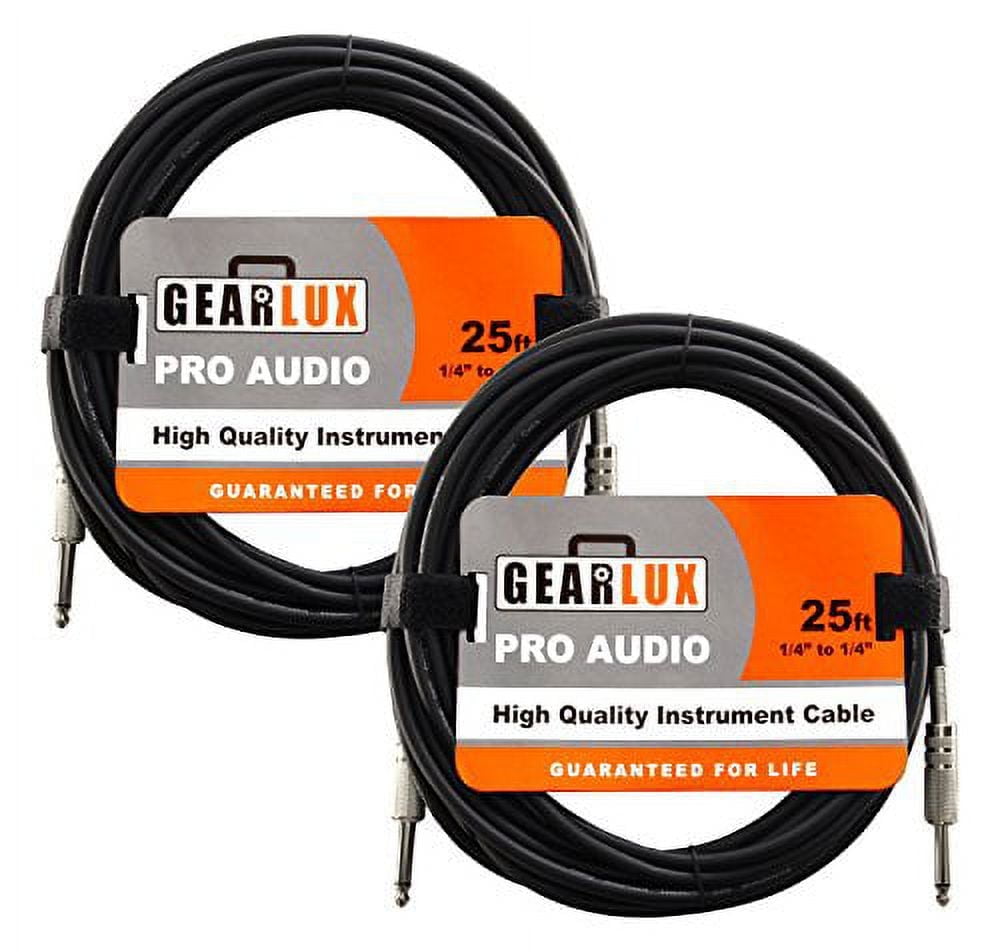 Gearlux 25 ft Instrument/Professional Guitar Cable, Black, 2 Pack