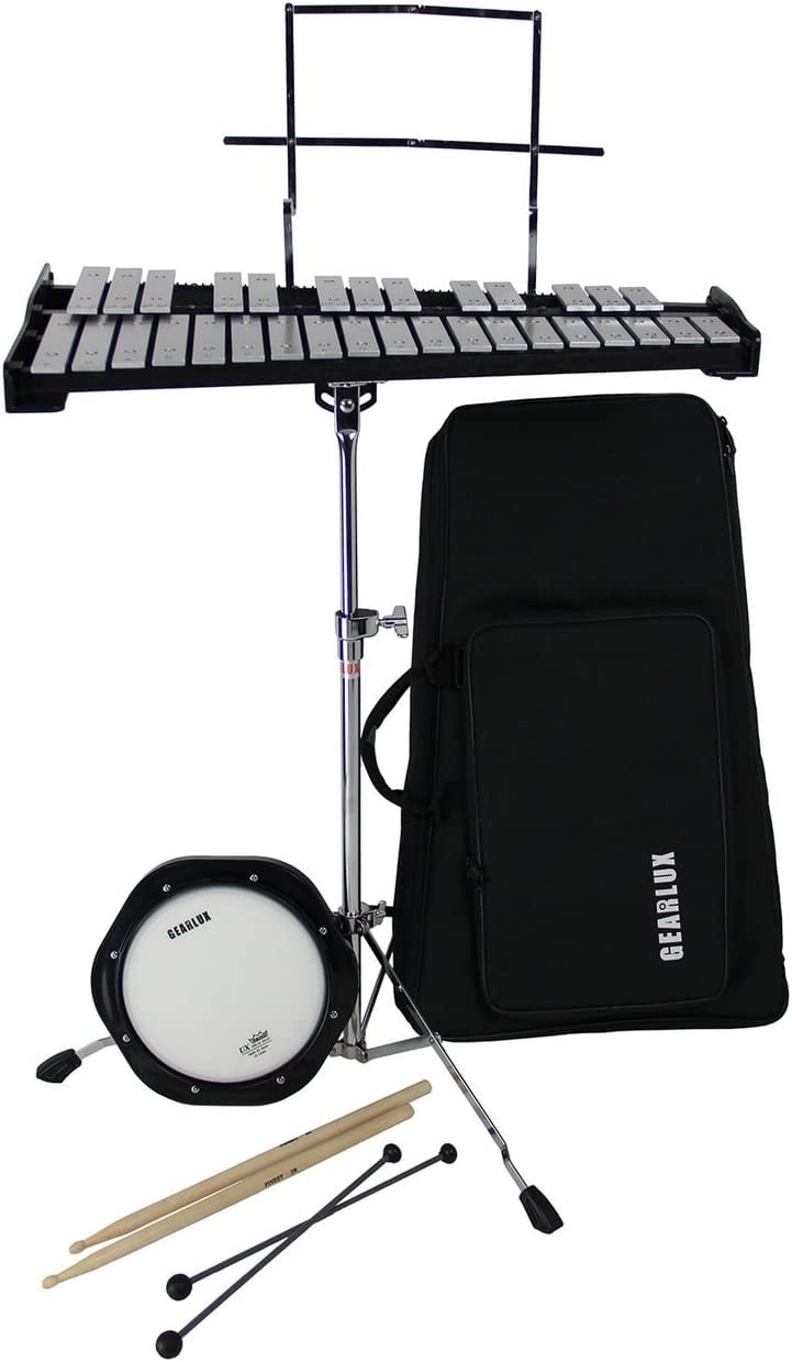 Gearlux 32Note Glockenspiel Bell Kit with Adjustable Stand, Drum