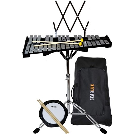 Gearlux 32-Note Glockenspiel Kit with 8" Practice Pad Stand Music Rest Mallets Drum Sticks Gig Bag