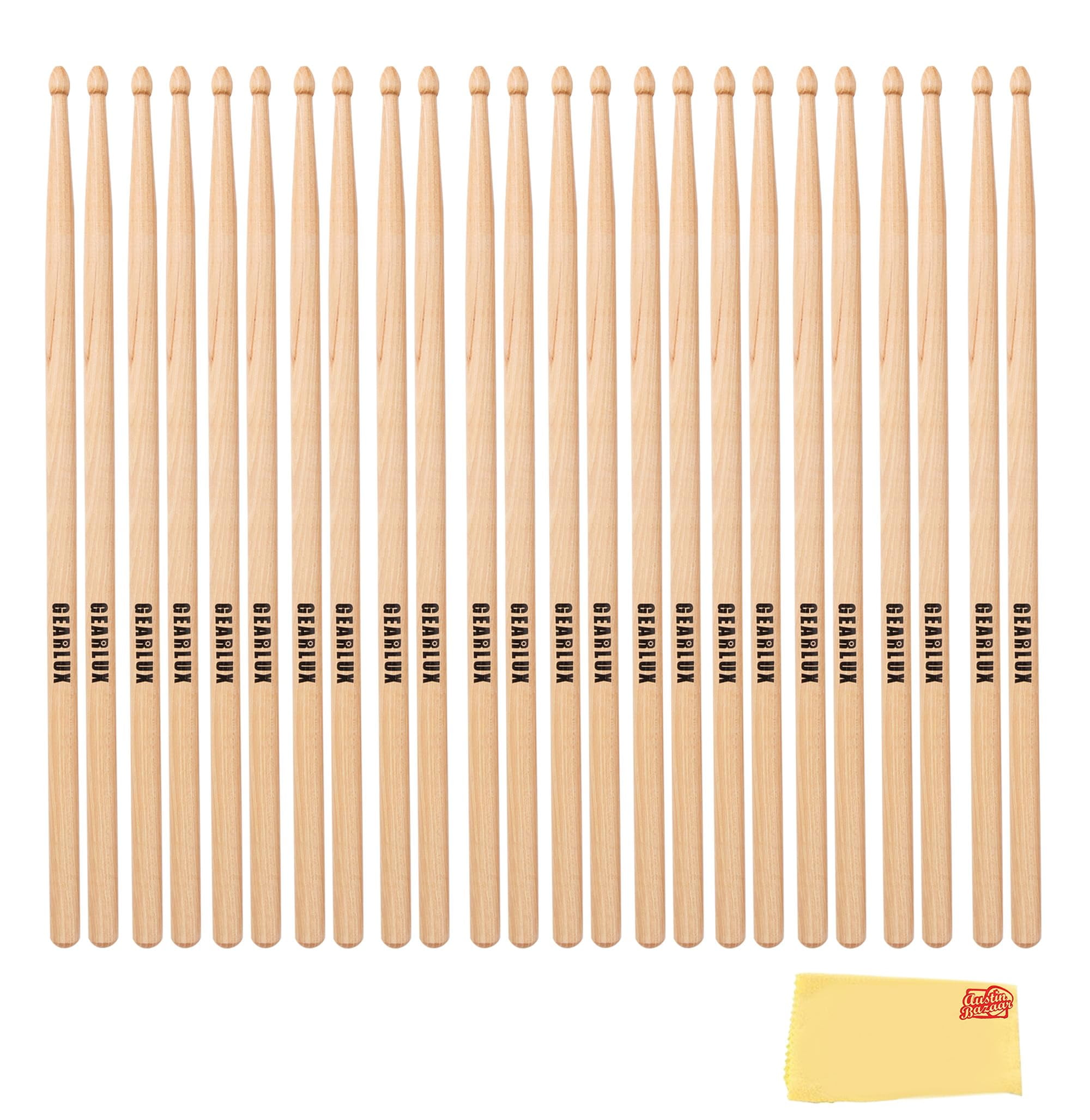 Gearlux American Hickory 5A Drumsticks with Tear Drop Tip, Medium Taper, Lacquer Finish for Balanced Performance - 12 Pair Bundle with Austin Bazaar Polishing Cloth