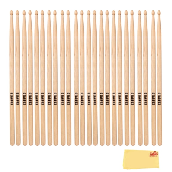 Gearlux American Hickory 5A Drumsticks with Tear Drop Tip, Medium Taper, Lacquer Finish for Balanced Performance - 12 Pair Bundle with Austin Bazaar Polishing Cloth