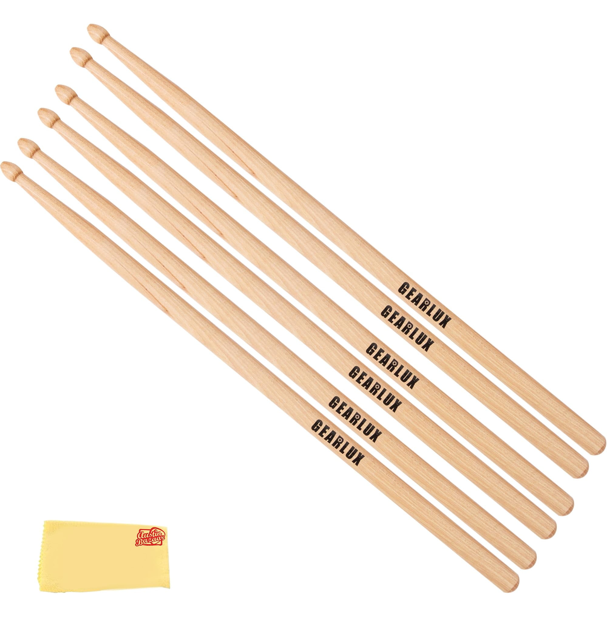 Gearlux American Hickory 5A Drumsticks with Tear Drop Tip, Medium Taper, Lacquer Finish for Balanced Performance - 3 Pair Bundle with Austin Bazaar Polishing Cloth