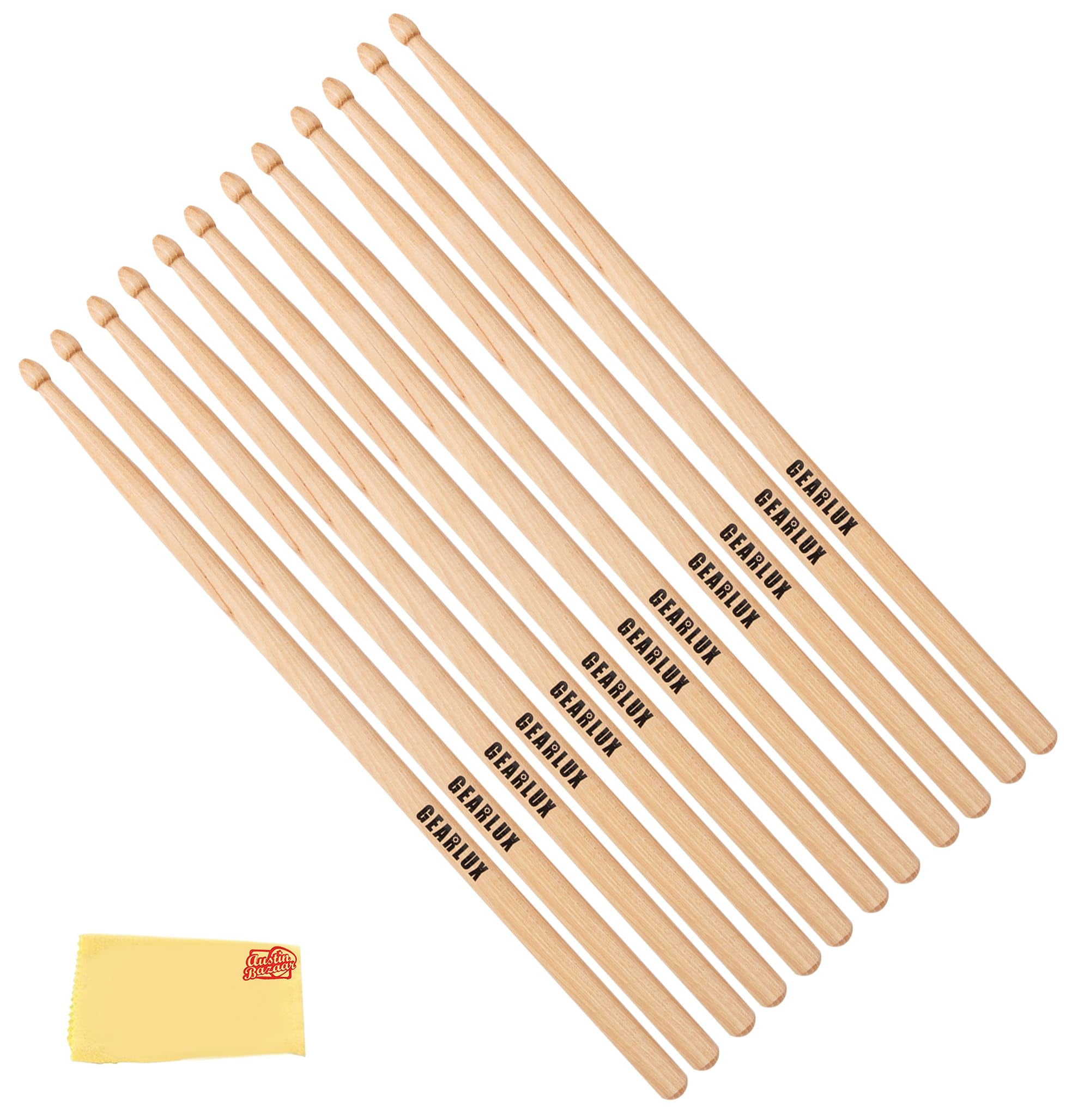 Gearlux American Hickory 5A Drumsticks with Tear Drop Tip, Medium Taper, Lacquer Finish for Balanced Performance - 6 Pair Bundle with Austin Bazaar Polishing Cloth