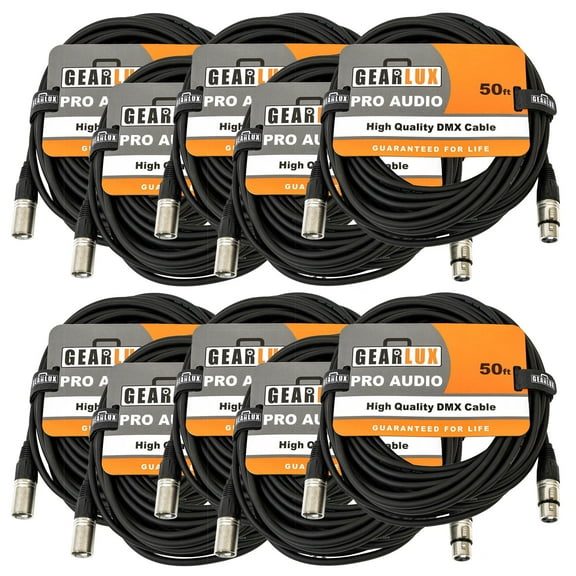 Gearlux DMX Cable, 3 Pin, Male to Female, 50 Feet - 10 Pack