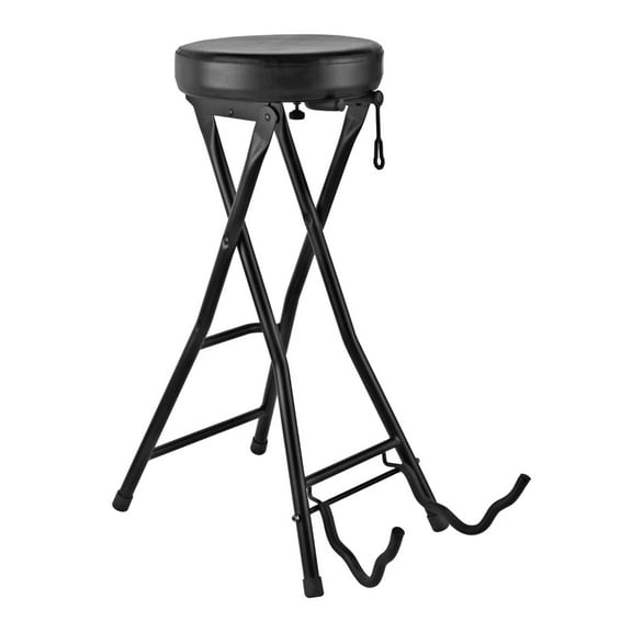 Gearlux Foldable Guitar Stool with Padded Seat, Built-in Guitar Stand, and Molded Cradles for Acoustic, Electric, and Bass Guitars; Seat Height of 30 Inches
