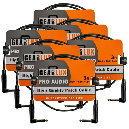 Gearlux Guitar Patch Cable, 1/4 Inch, Right Angle to Right Angle, Black, 3 Feet - 6 Pack