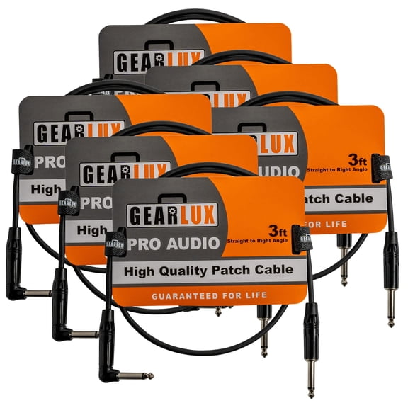 Gearlux Guitar Patch Cable, 1/4 Inch, Right Angle to Straight, Black, 3 Feet - 6 Pack