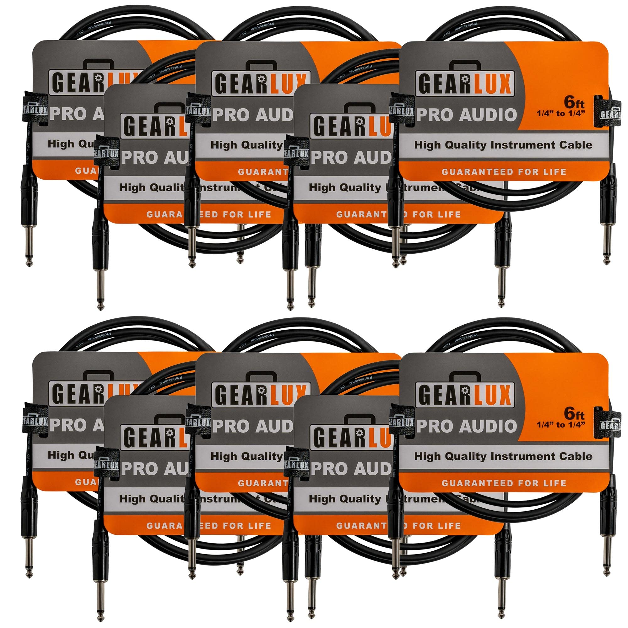 Gearlux Instrument Cable/Guitar Cable, 1/4 Inch, Straight to Straight, Black, 6 Feet - 10 Pack