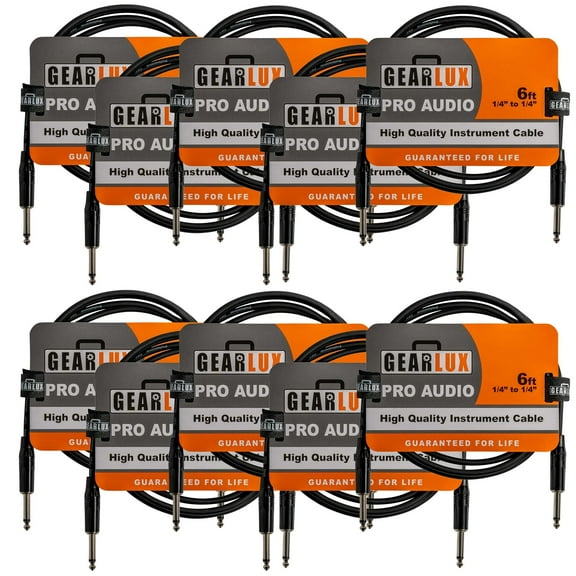 Gearlux Instrument Cable/Guitar Cable, 1/4 Inch, Straight to Straight, Black, 6 Feet - 10 Pack