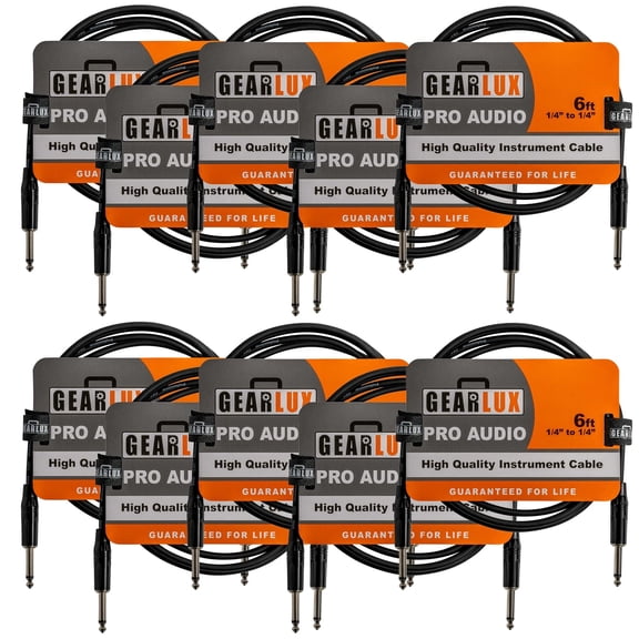 Gearlux Instrument Cable/Guitar Cable, 1/4 Inch, Straight to Straight, Black, 6 Feet - 10 Pack