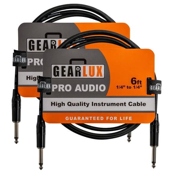 Gearlux Instrument Cable/Guitar Cable, 1/4 Inch, Straight to Straight, Black, 6 Feet - 2 Pack