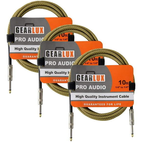 Gearlux Instrument Cable/Guitar Cable, 1/4 Inch, Straight to Straight, Tweed, 10 Feet - 3 Pack