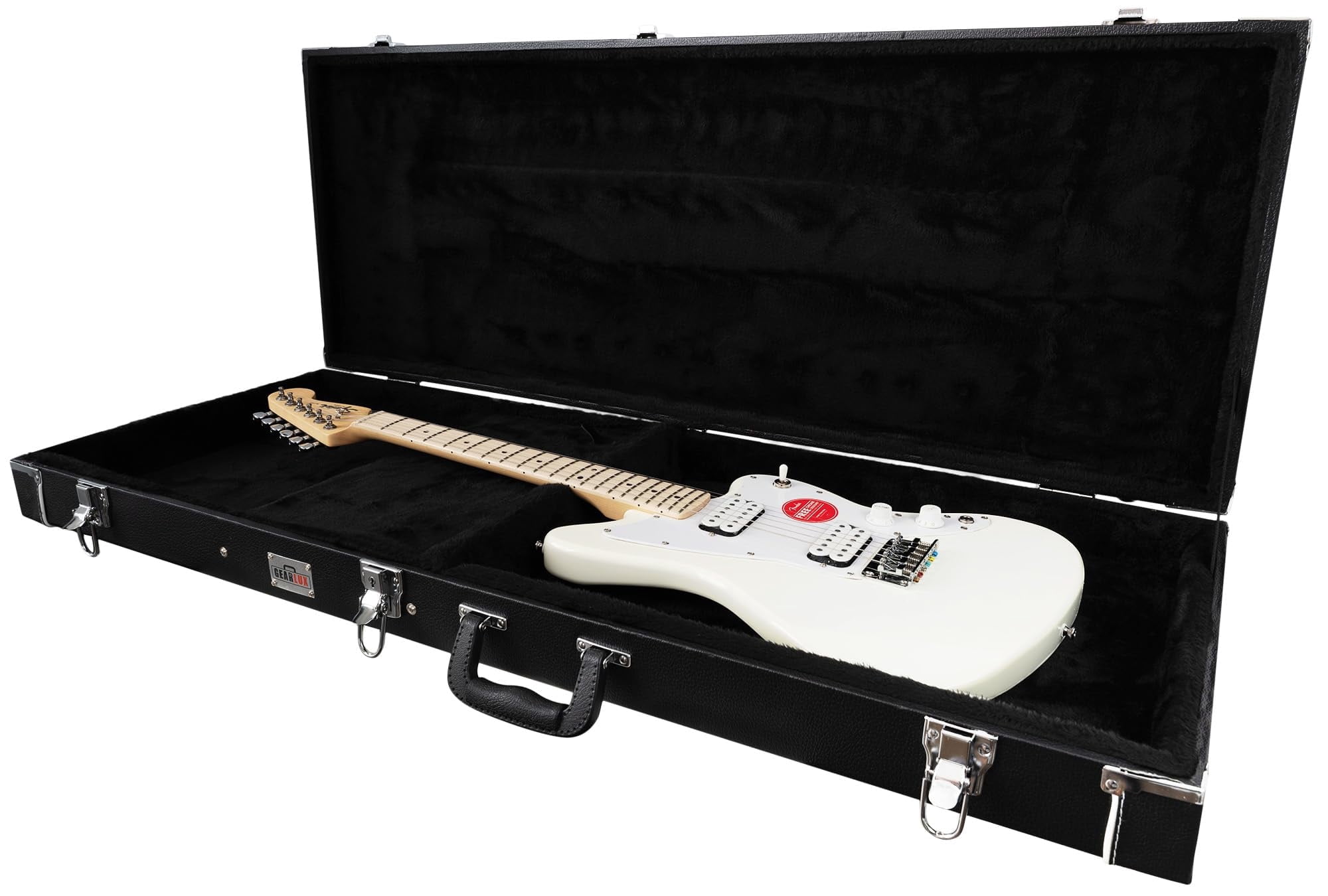 Gearlux Rectangular Wooden Electric Guitar Hard Case for Fender Jaguar/Jazzmaster and Offset Guitars with Exterior Lock and Key, Interior Accessory Compartment, and Plus Interior Padding - Black