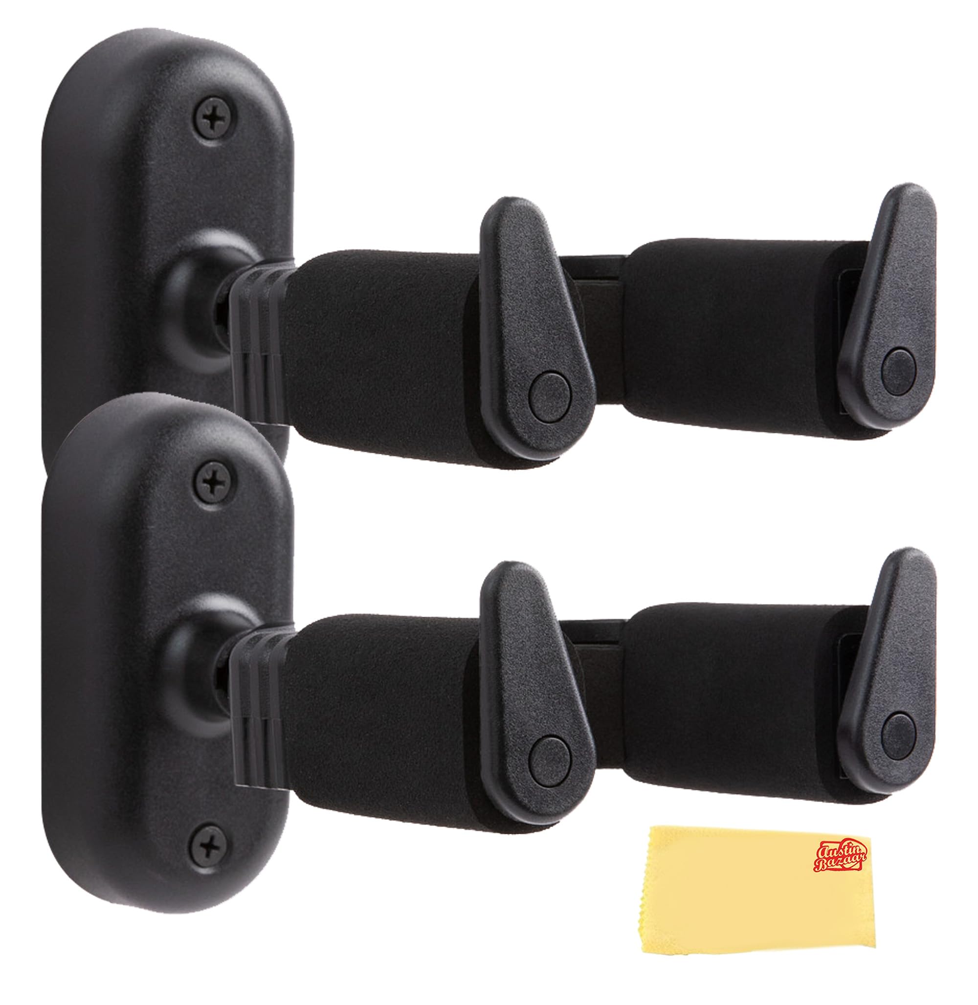 Gearlux Universal Self-Locking Guitar Wall Hanger with Auto-Swivel, Foam-Padded Arms for Acoustic, Electric, and Bass Guitars - 2 Pack with Austin Bazaar Polishing Cloth
