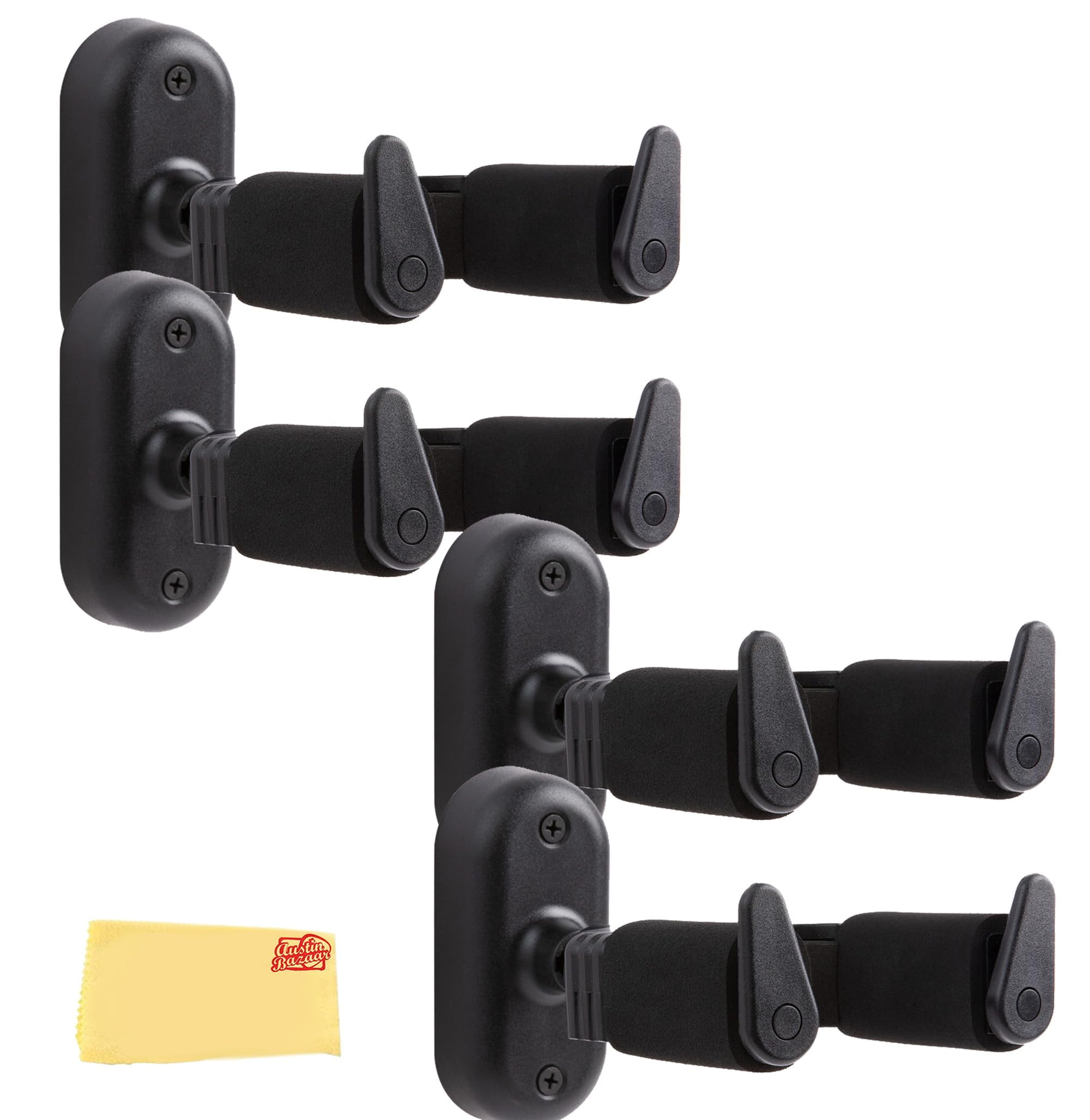 Gearlux Universal Self-Locking Guitar Wall Hanger with Auto-Swivel, Foam-Padded Arms for Acoustic, Electric, and Bass Guitars - 4 Pack with Austin Bazaar Polishing Cloth