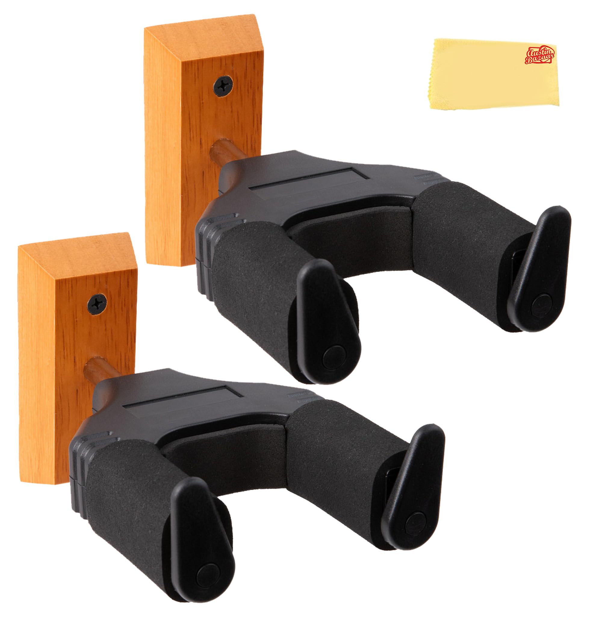 Gearlux Universal Self Locking Guitar Wall Hanger with Wooden Base, Auto Swivel, and Foam Padded Arms for Acoustic, Electric Bass, Mandolin, and Ukuleles - 2 Pack with Austin Bazaar Polishing Cloth